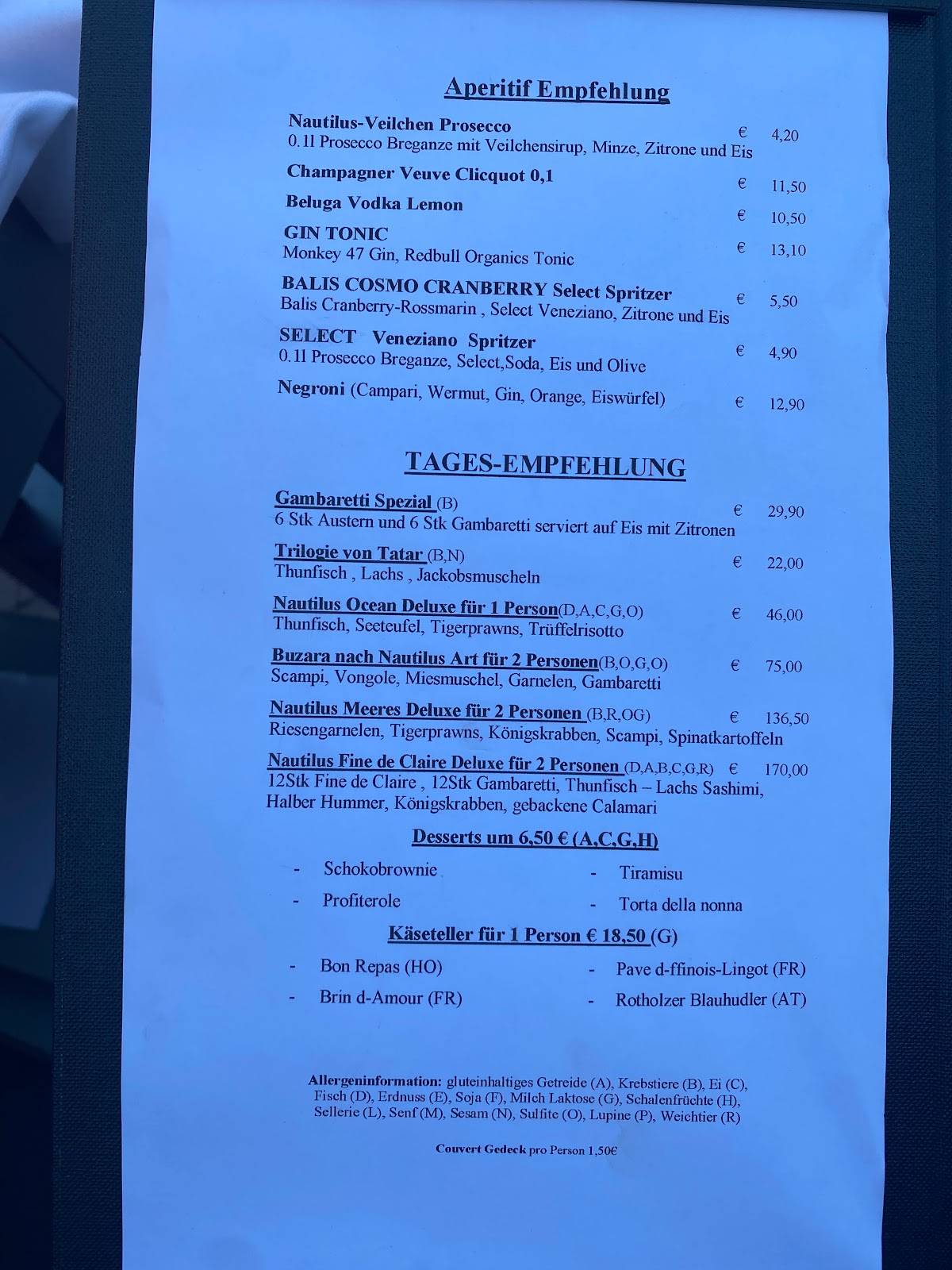 Speisekarte von Fischrestaurant Nautilus, Wien, Naschmarkt 673 1060 Wien