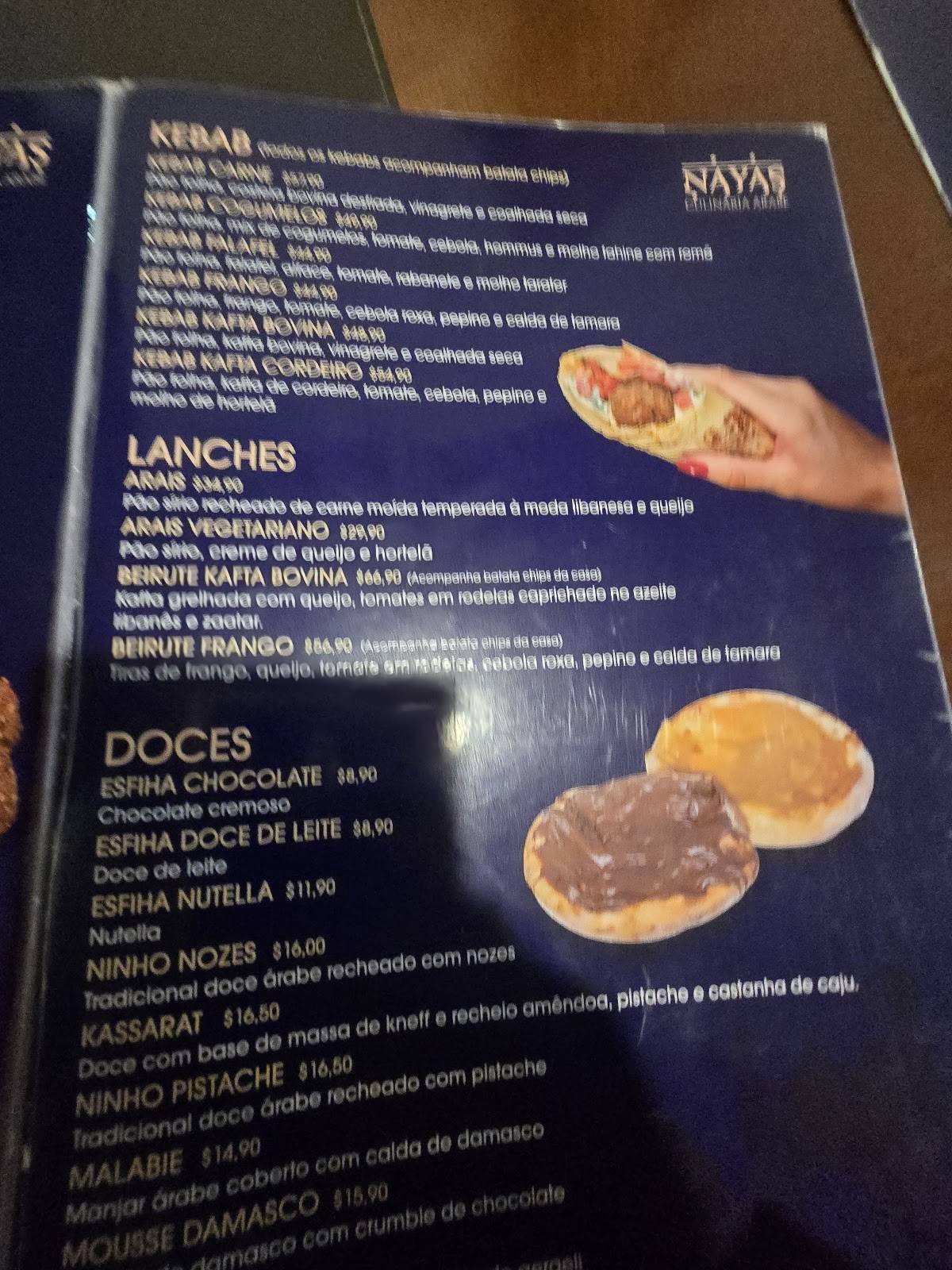 Nayas Culinária Árabe cardápio