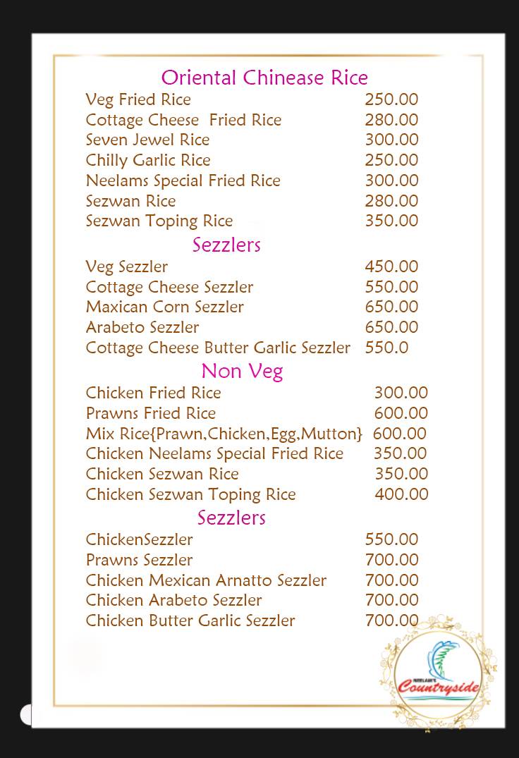 Neelams Countryside menu