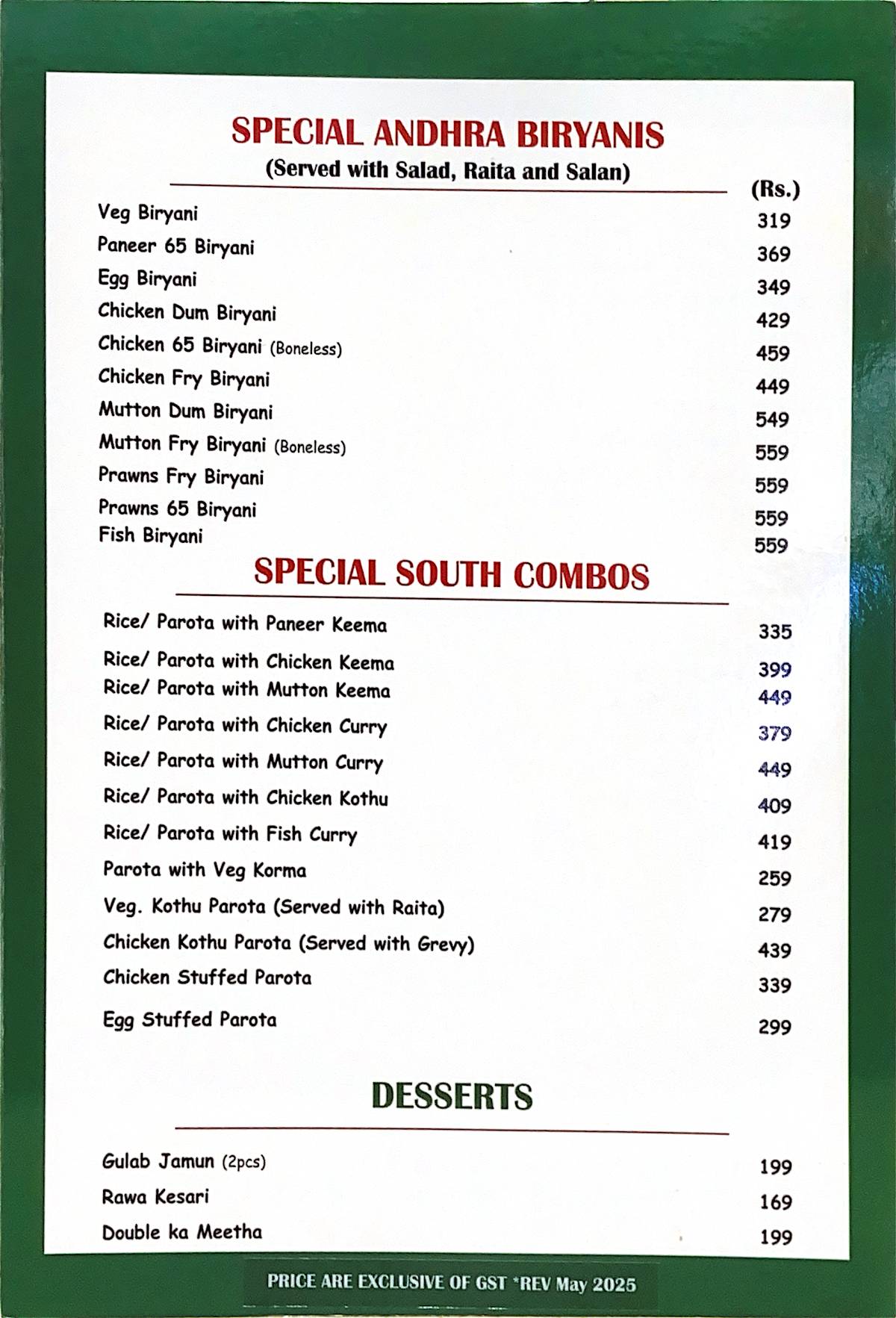 ANDHRA CANTEEN menu