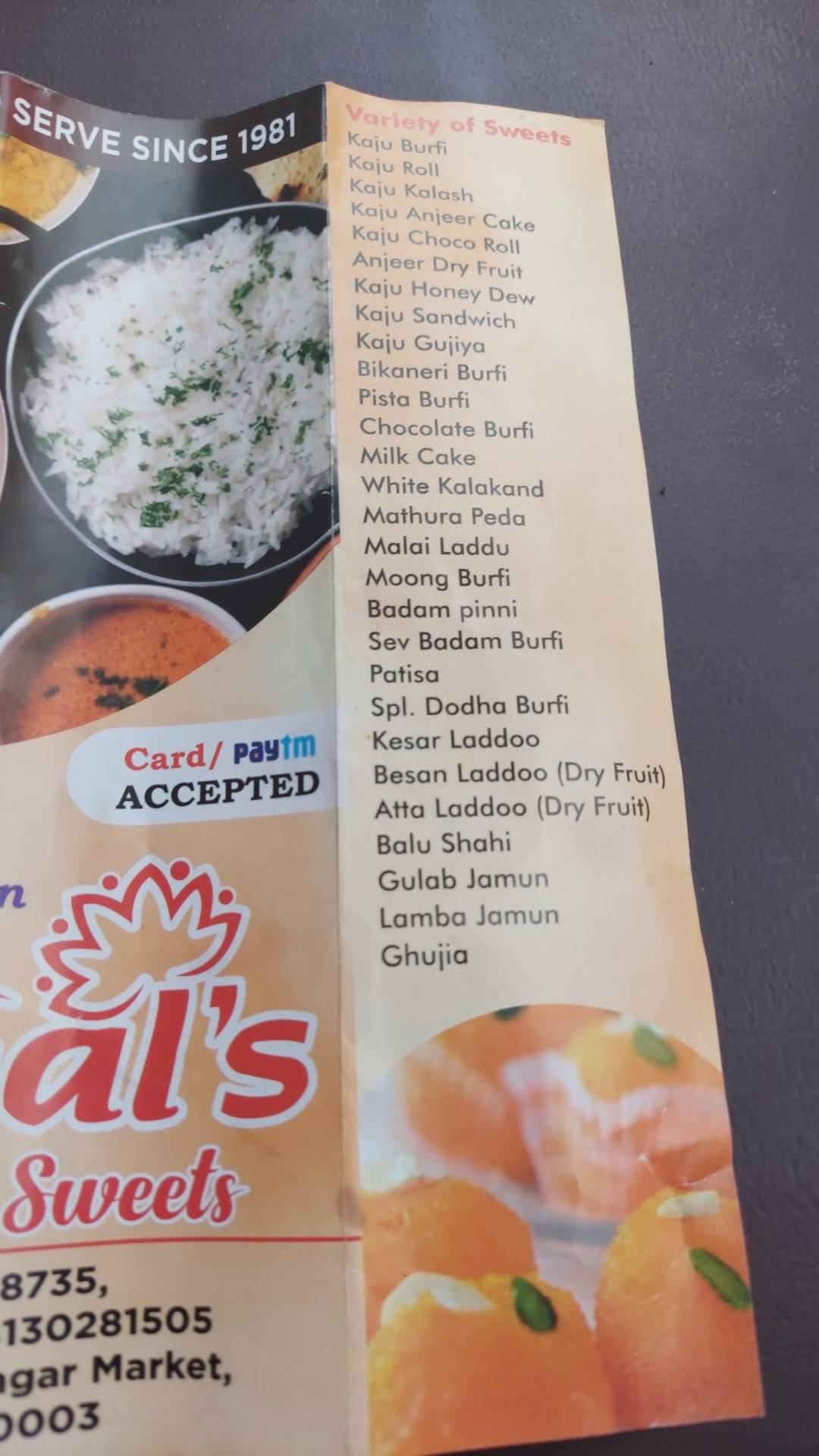 Kamal's Sweets menu