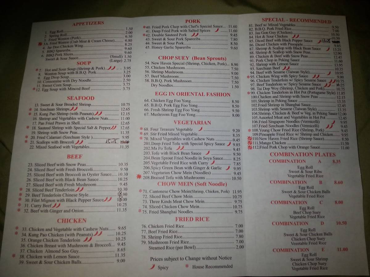 Menu at New Haven Restaurant, Bracebridge