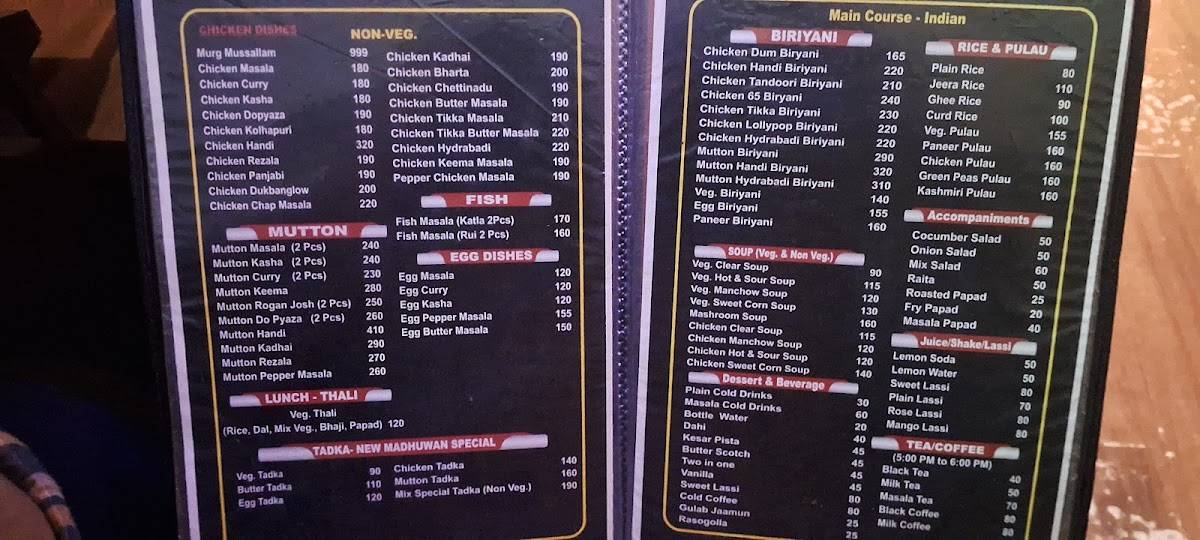 New Madhuwan Restaurant menu