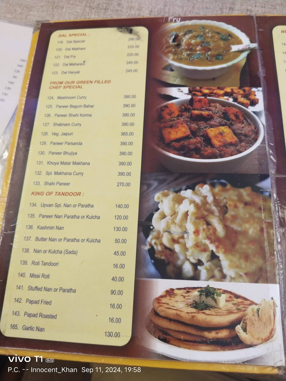 New Upvan Restaurant menu