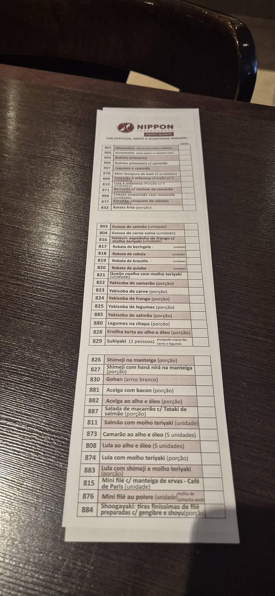 Nippon Restaurante cardápio