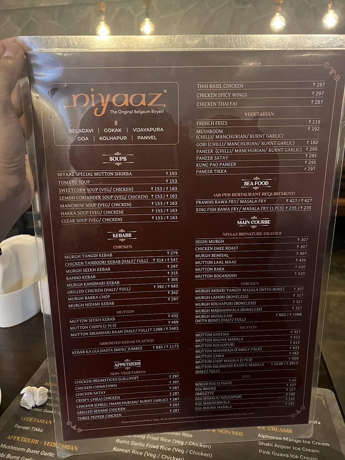 Niyaaz Restaurant, Tilakwadi menu