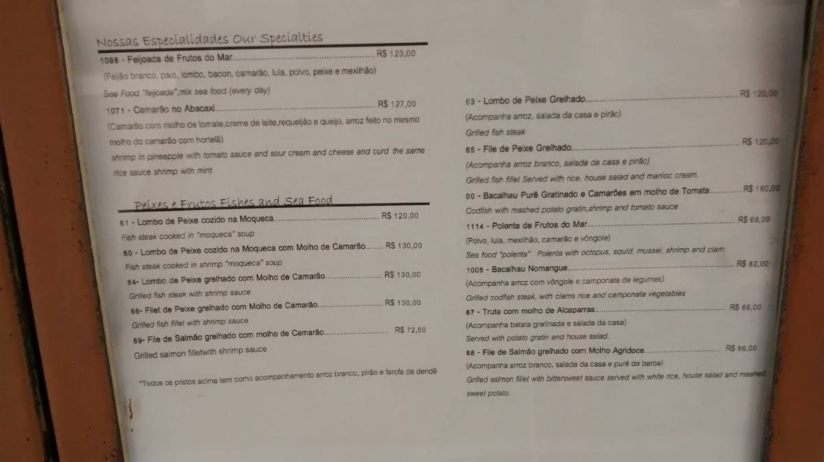 Nomangue Caiçara cardápio