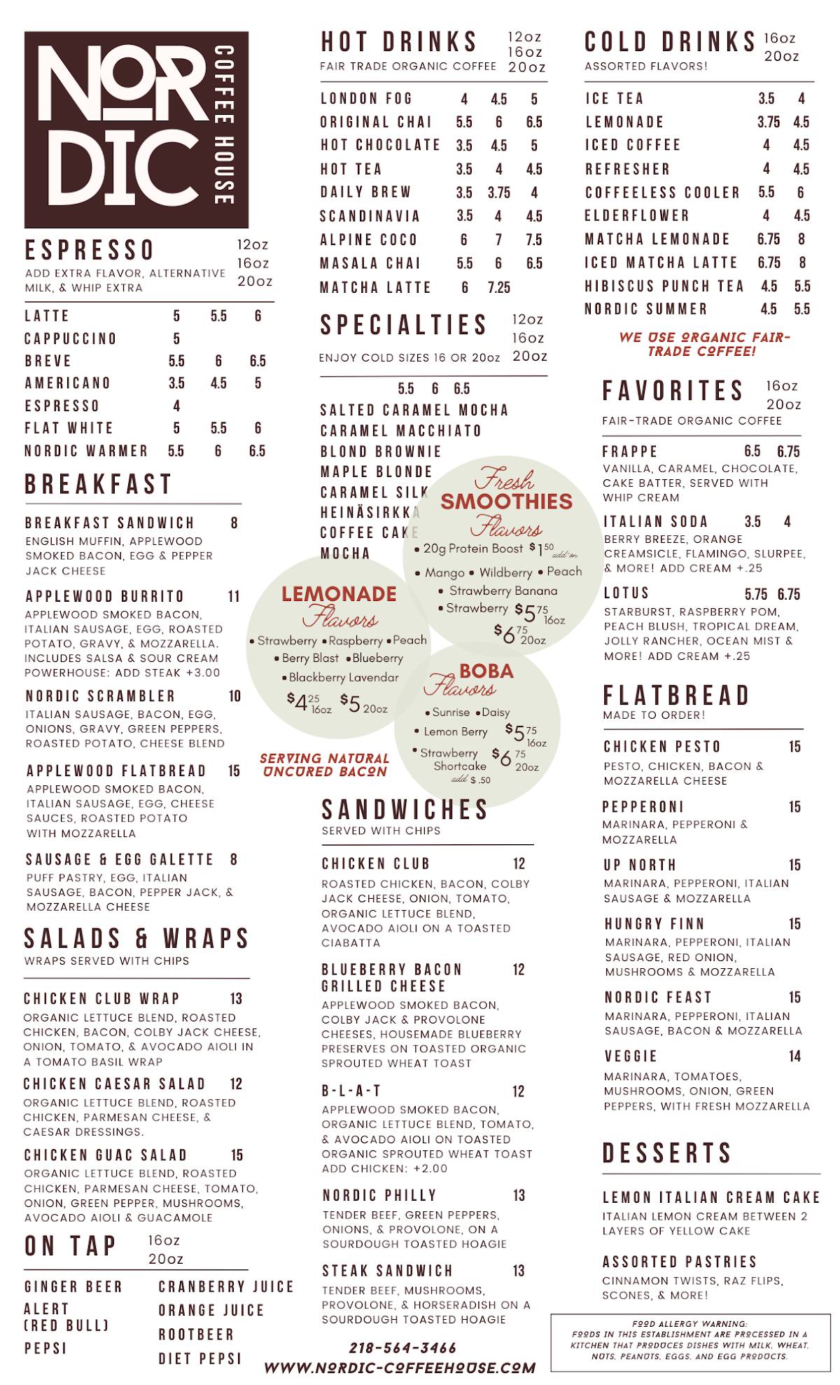 Menu at Nordic Coffee House, Menahga