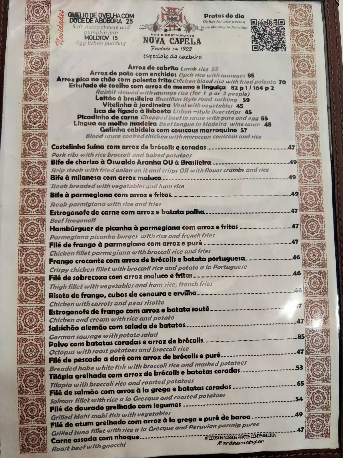 Nova Capela Bar e Restaurante cardápio
