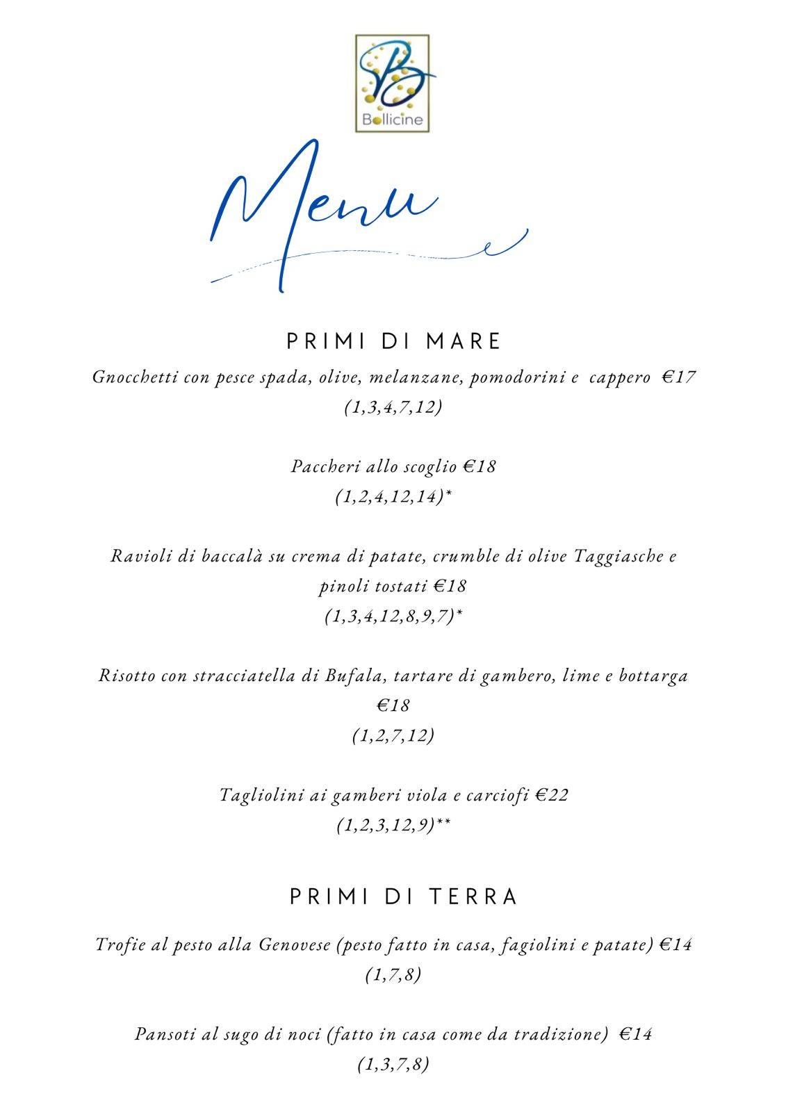 Menu di Bollicine Ristorante Ligure di Pesce fresco 