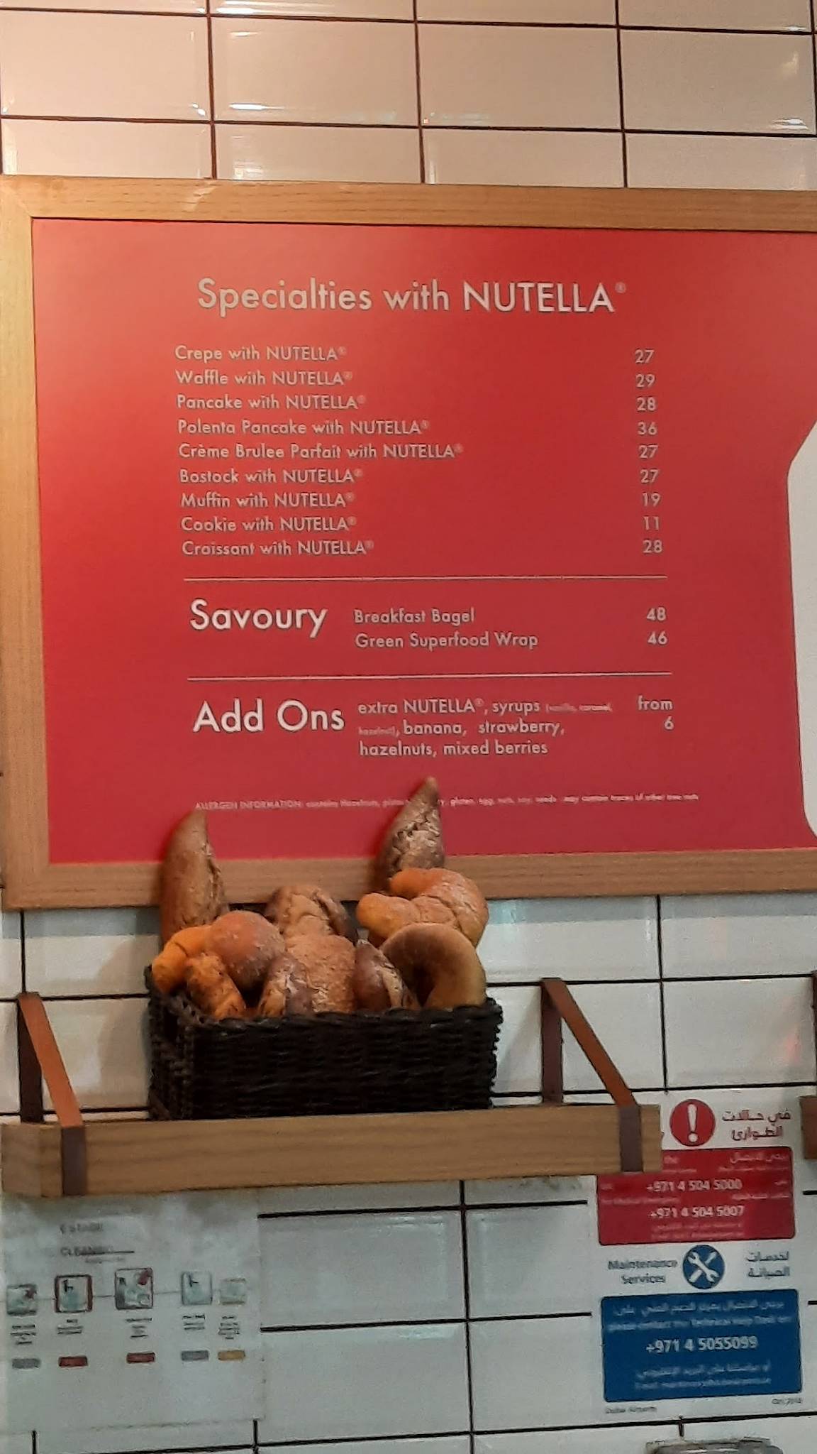 Carta de Nutella Cafe Dubai Airport, Emiratos Árabes Unidos