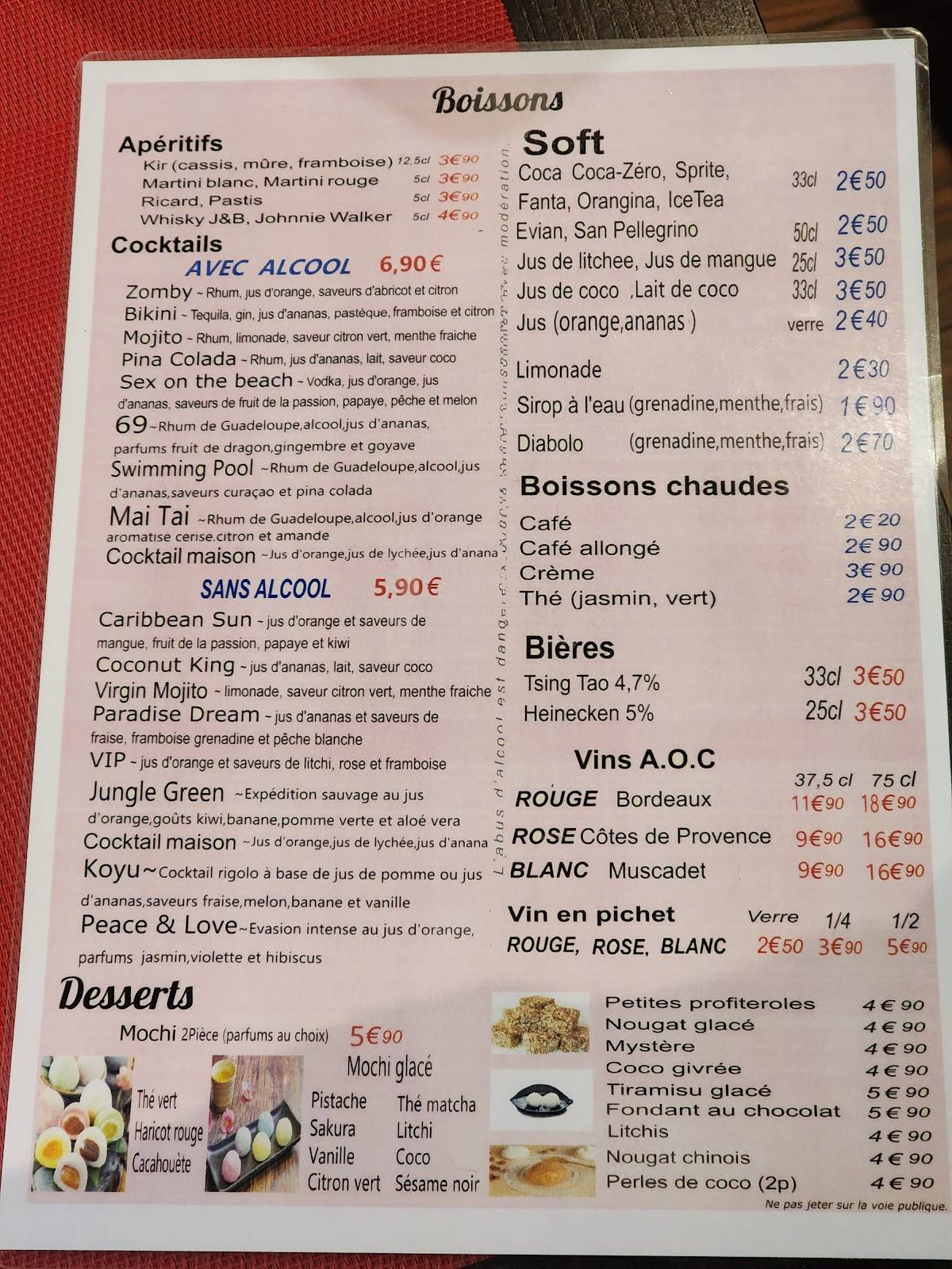Menu de Ô’Noodle