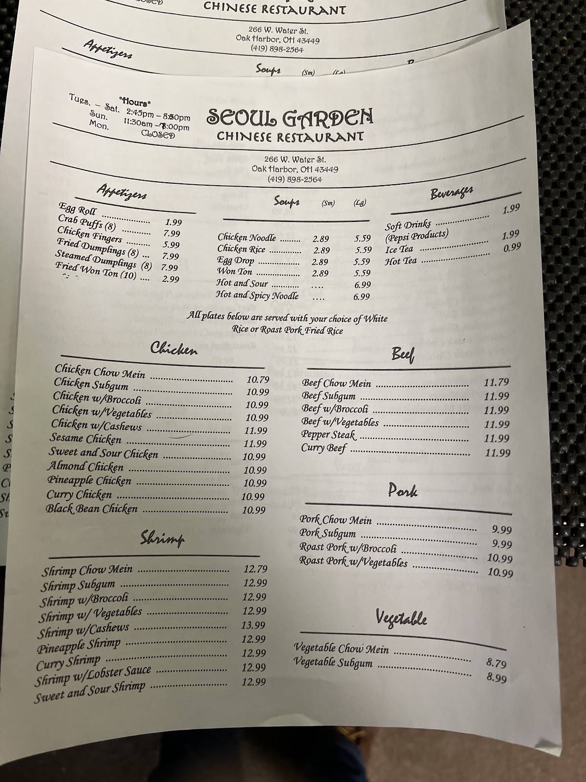 Menu at Seoul Garden restaurant, Oak Harbor