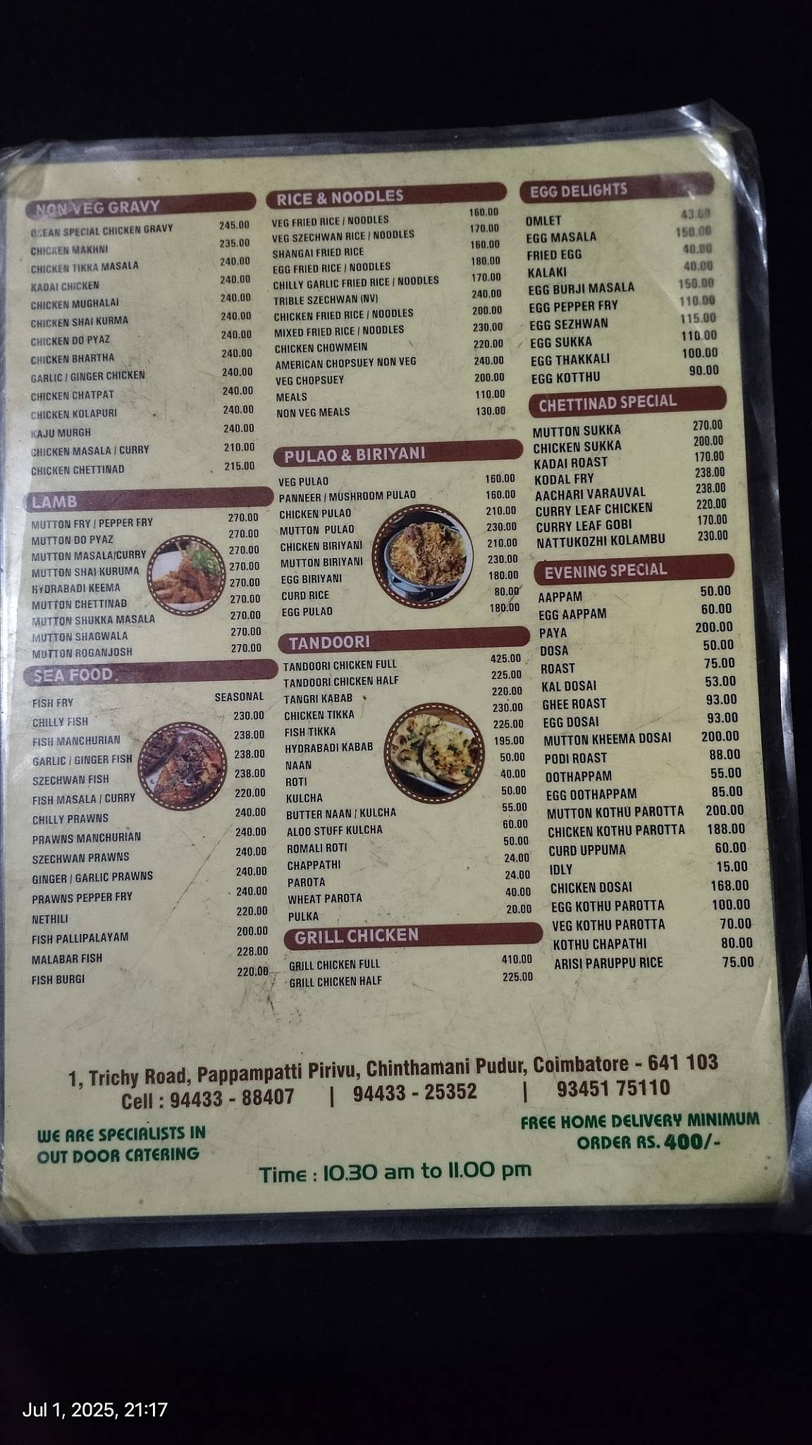 Ocean Restaurant menu