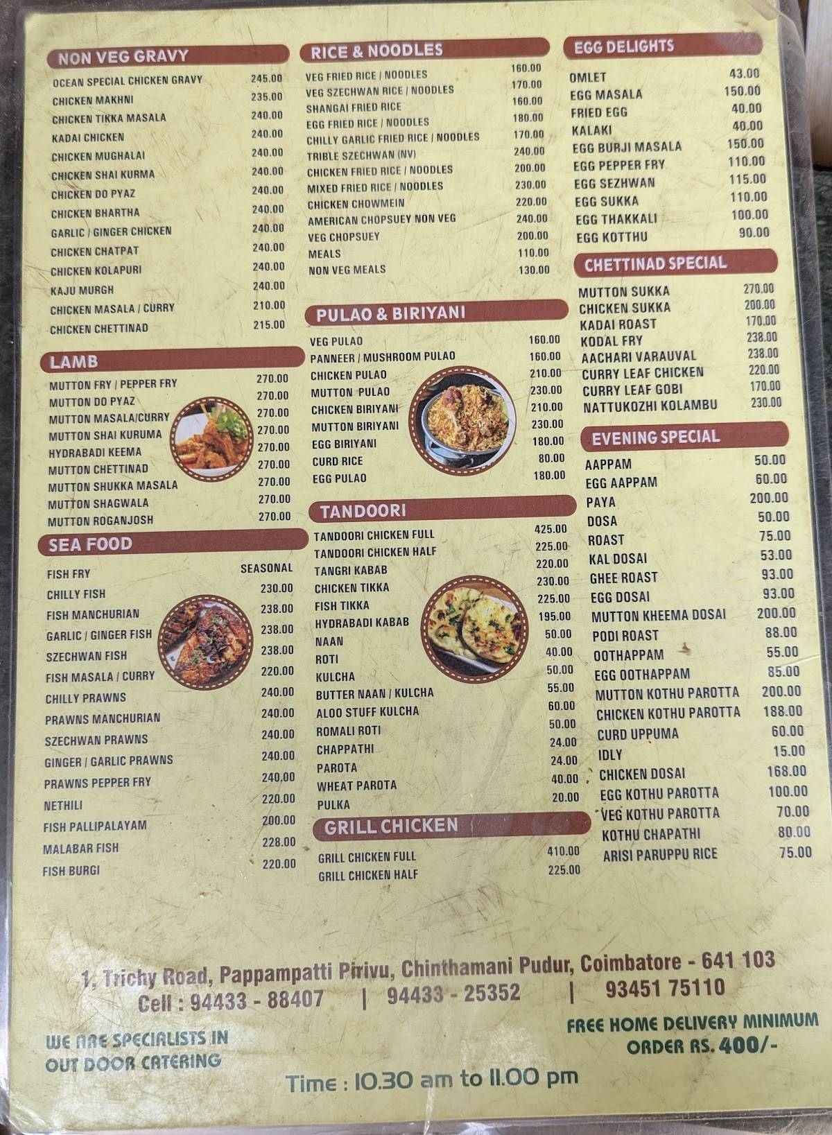 Ocean Restaurant menu
