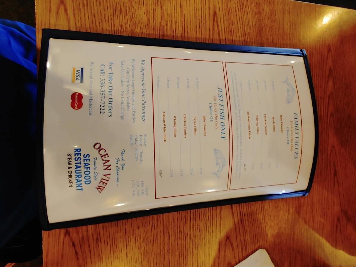 Menu at Ocean View Seafood restaurant, Lexington