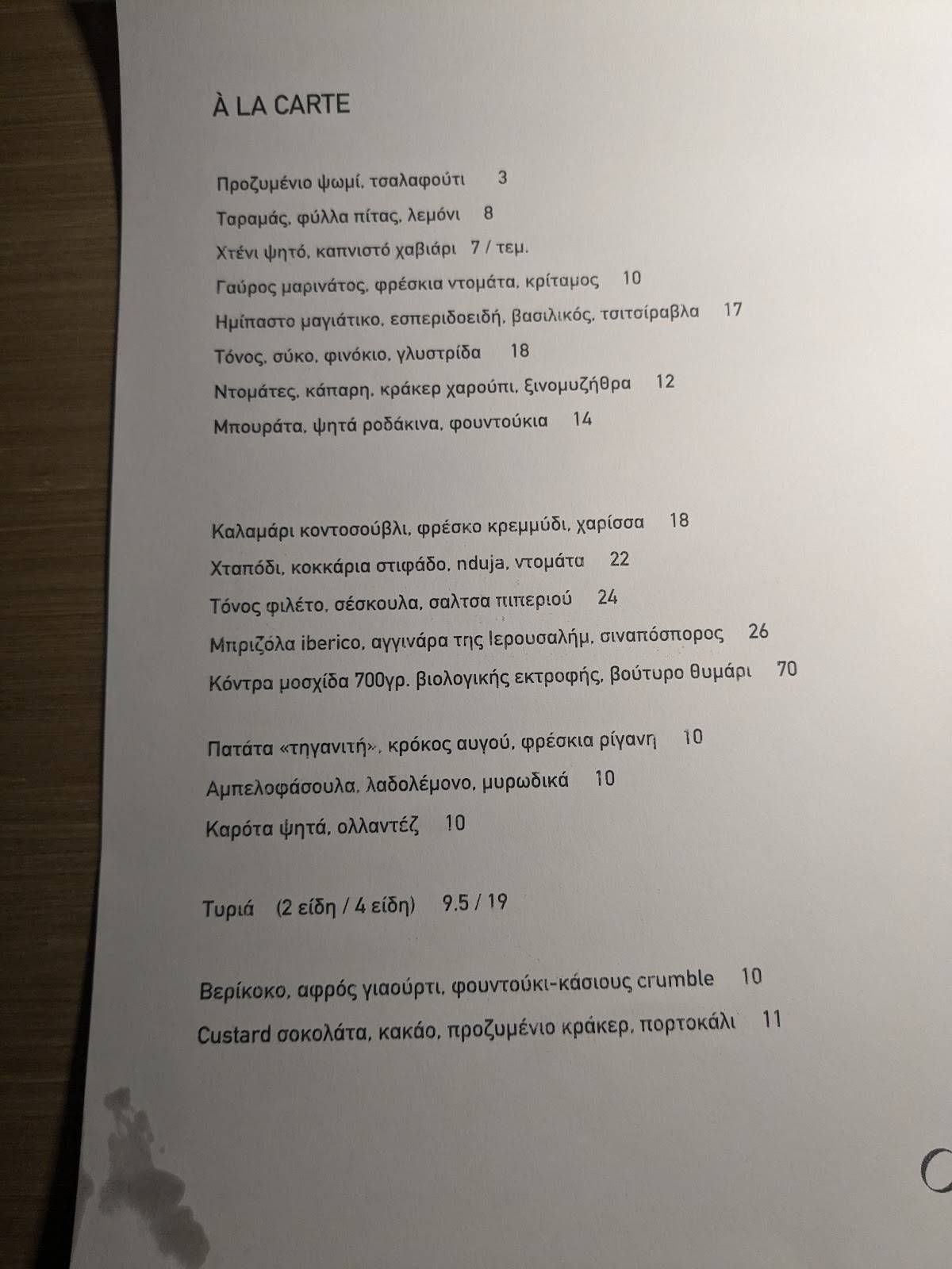 Menu at Okra, Athens