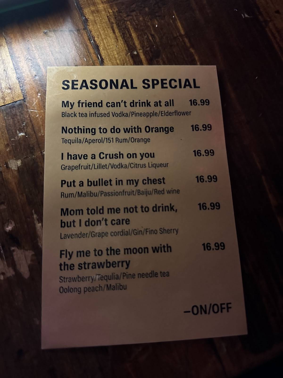 Menu de OnOff Toronto Restaurant & Bar
