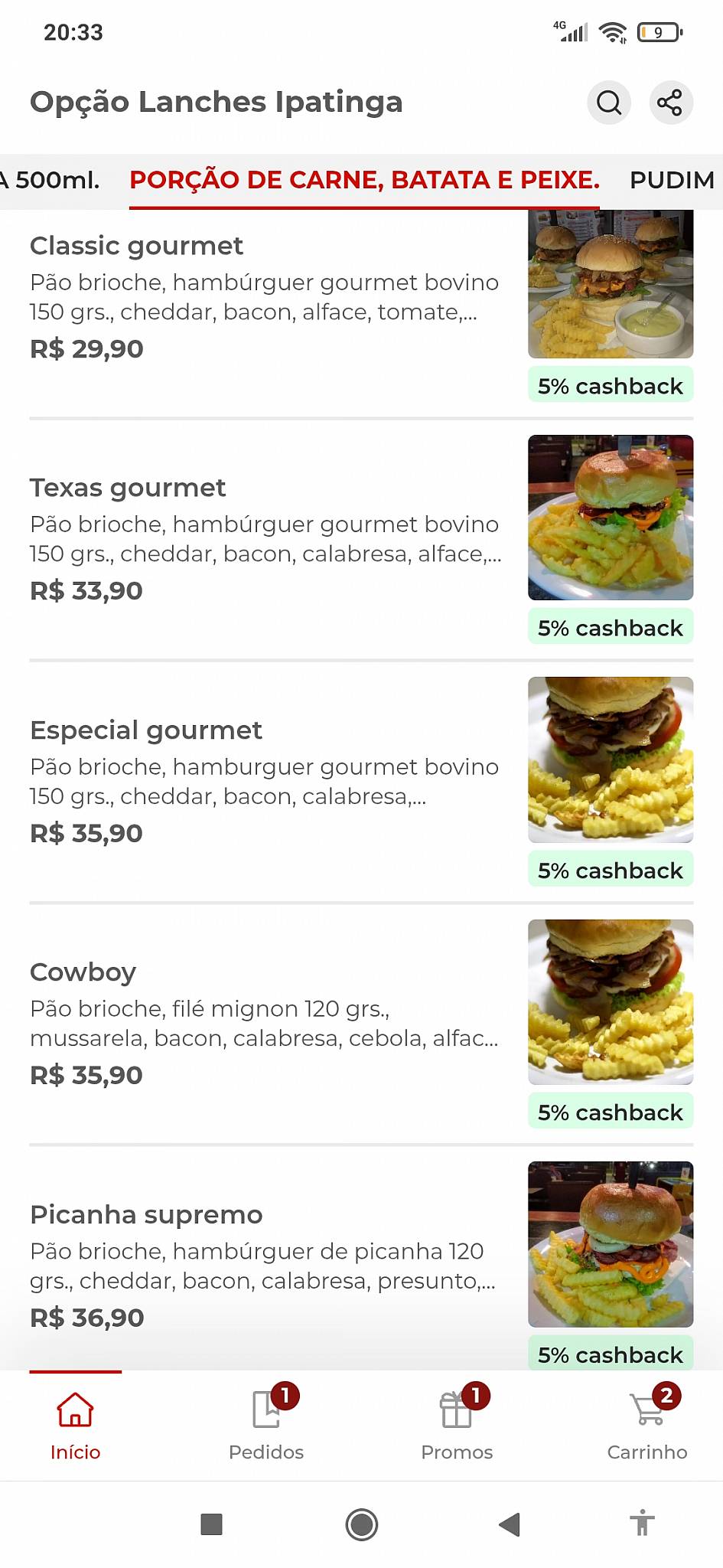 Opção Lanches cardápio