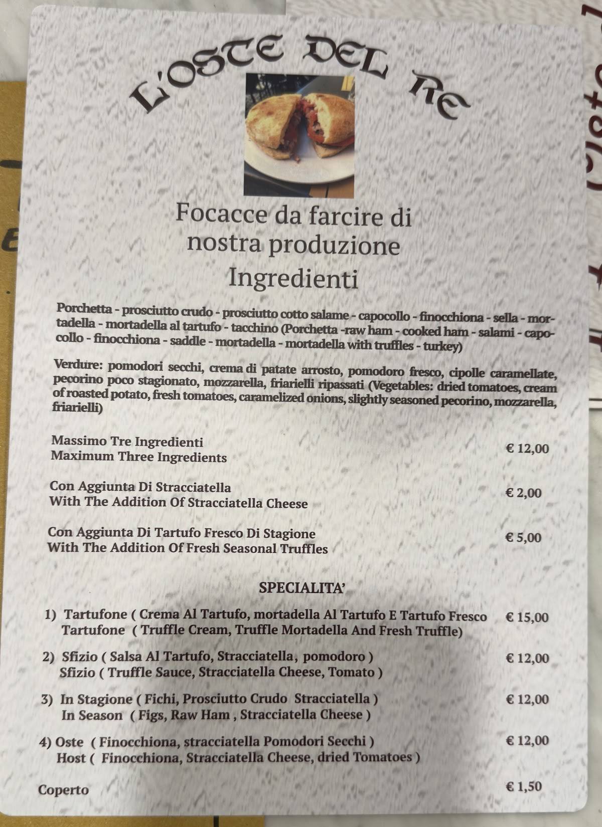 Menu di L'Oste del Re 