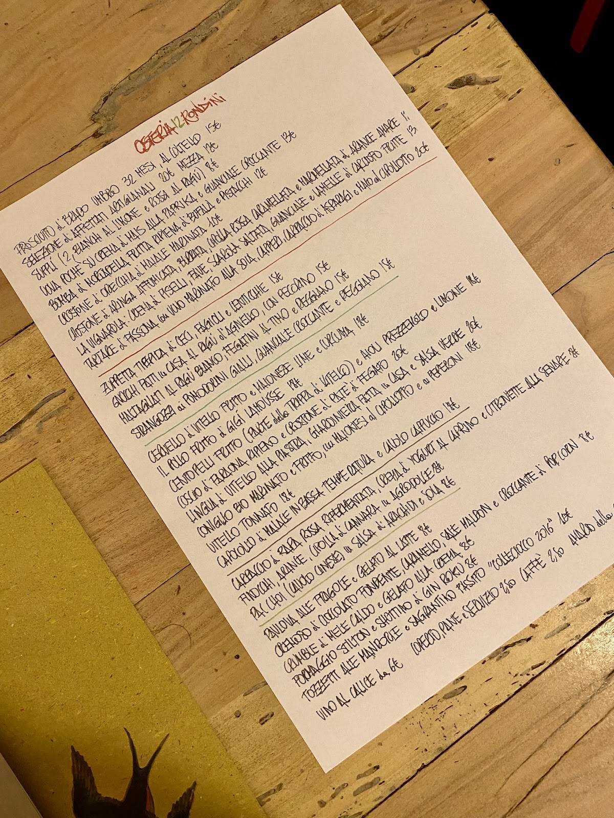 Menu di Osteria Dodici Rondini. Vini naturali e cucina radicale 