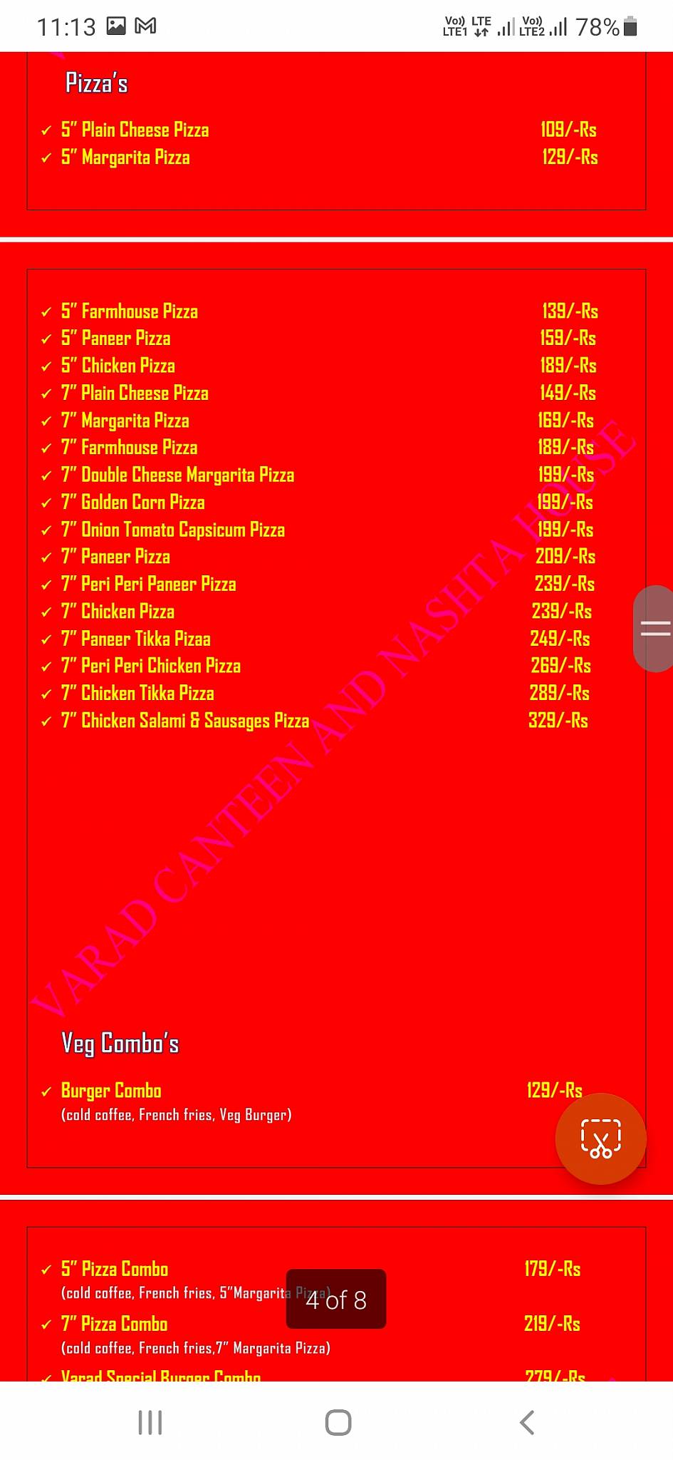 Varad Canteen and Nashta House menu
