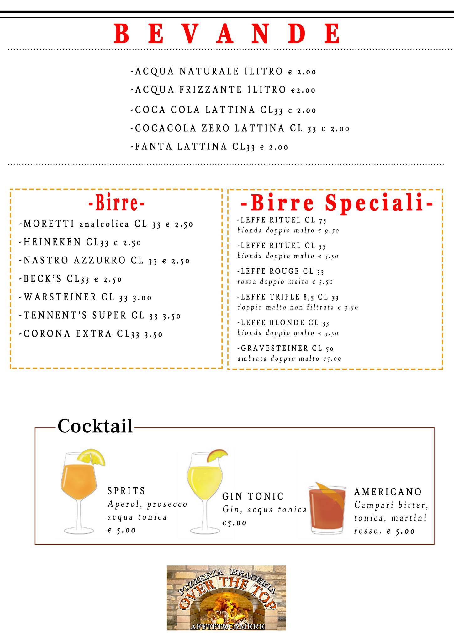 Menu di Over The Top Pizzeria Braceria 