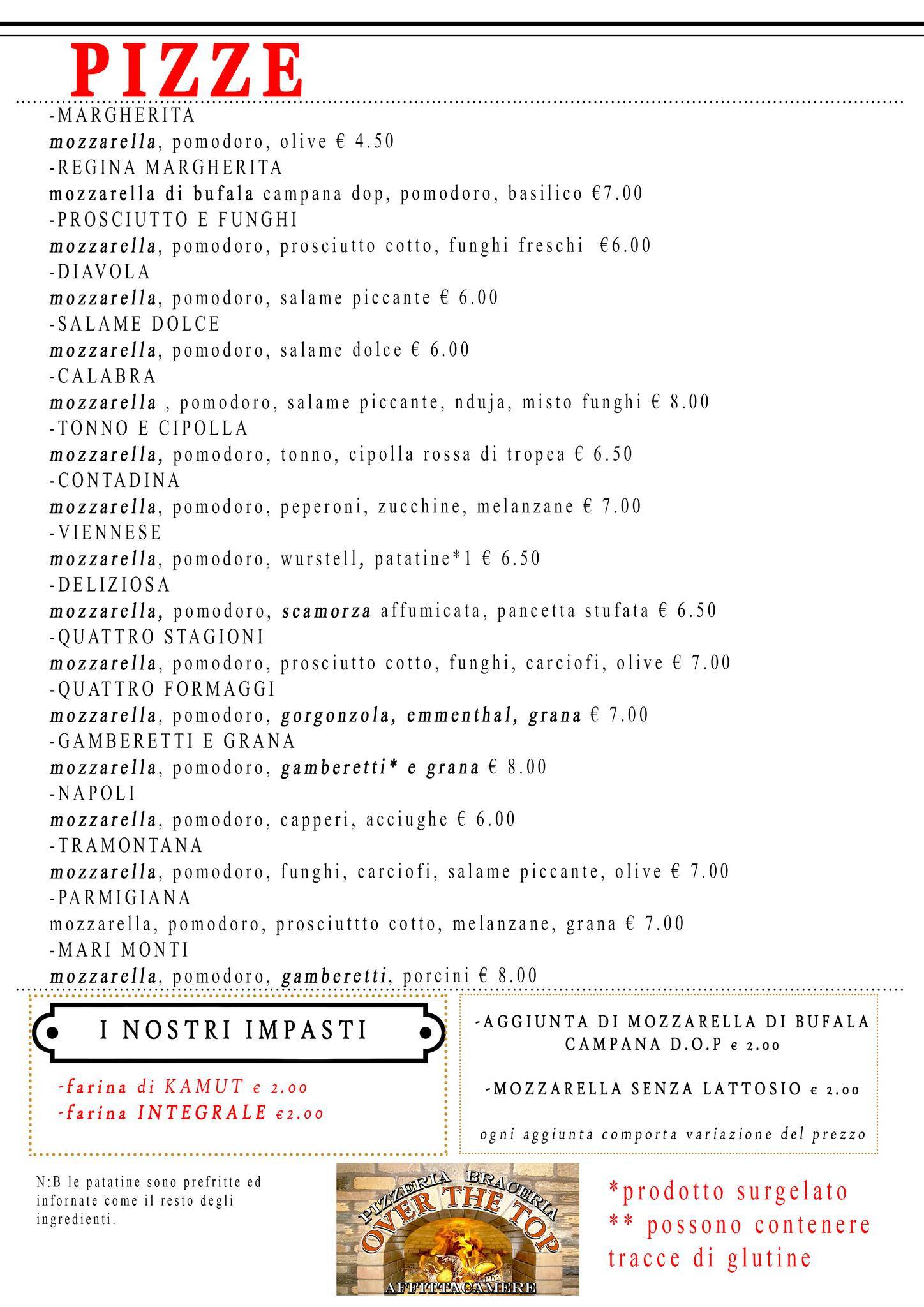 Menu di Over The Top Pizzeria Braceria 