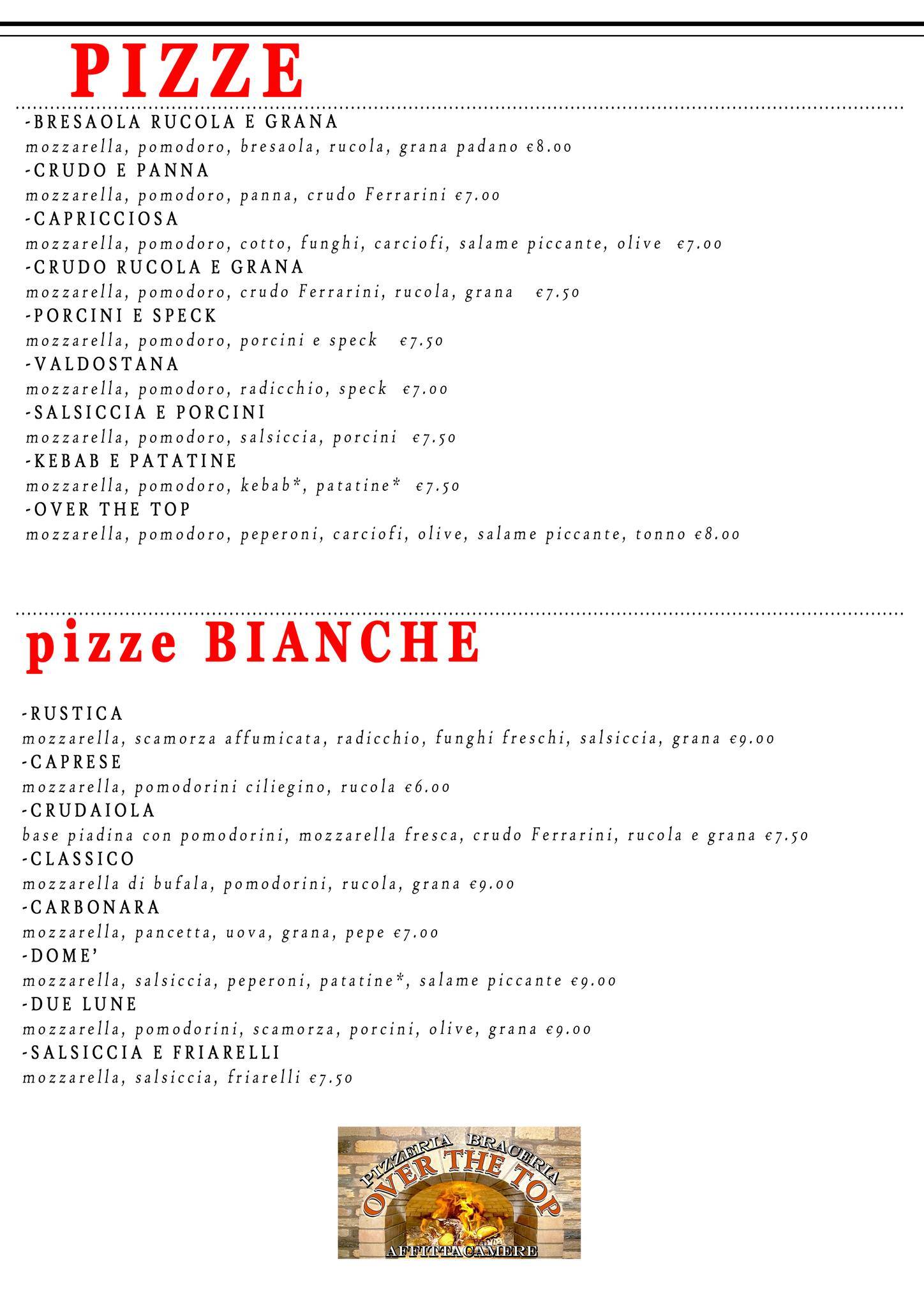 Menu di Over The Top Pizzeria Braceria 