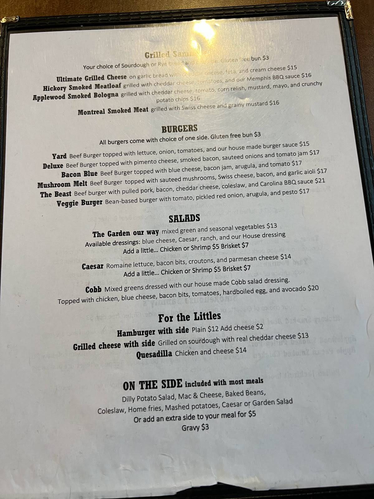 Menu at The Yard restaurant, Owen Sound