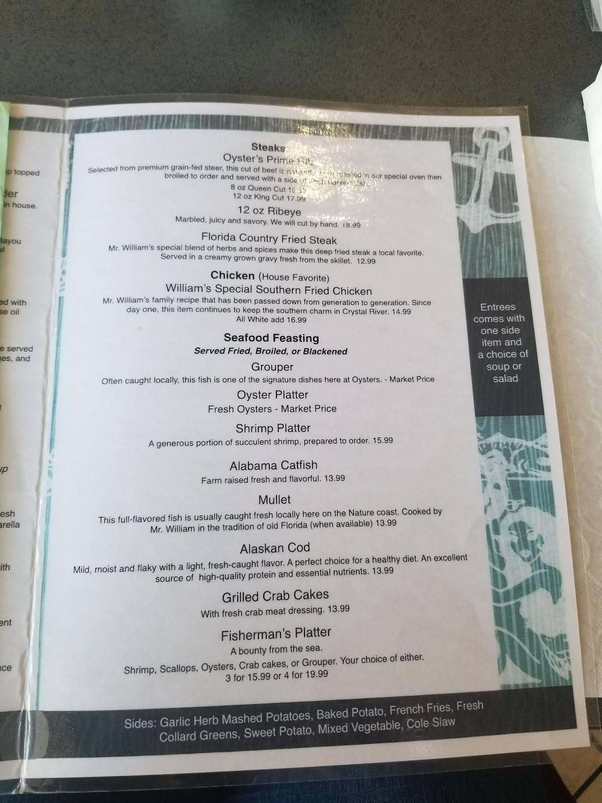 Menu at Oysters of Crystal River restaurant, Crystal River