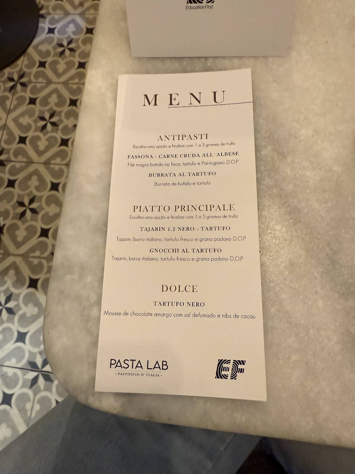 PASTA LAB cardápio