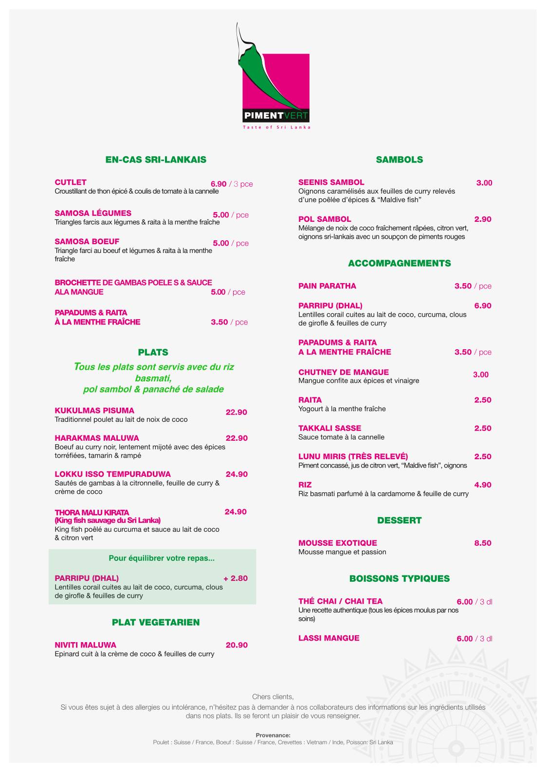Menu di PIMENT VERT 