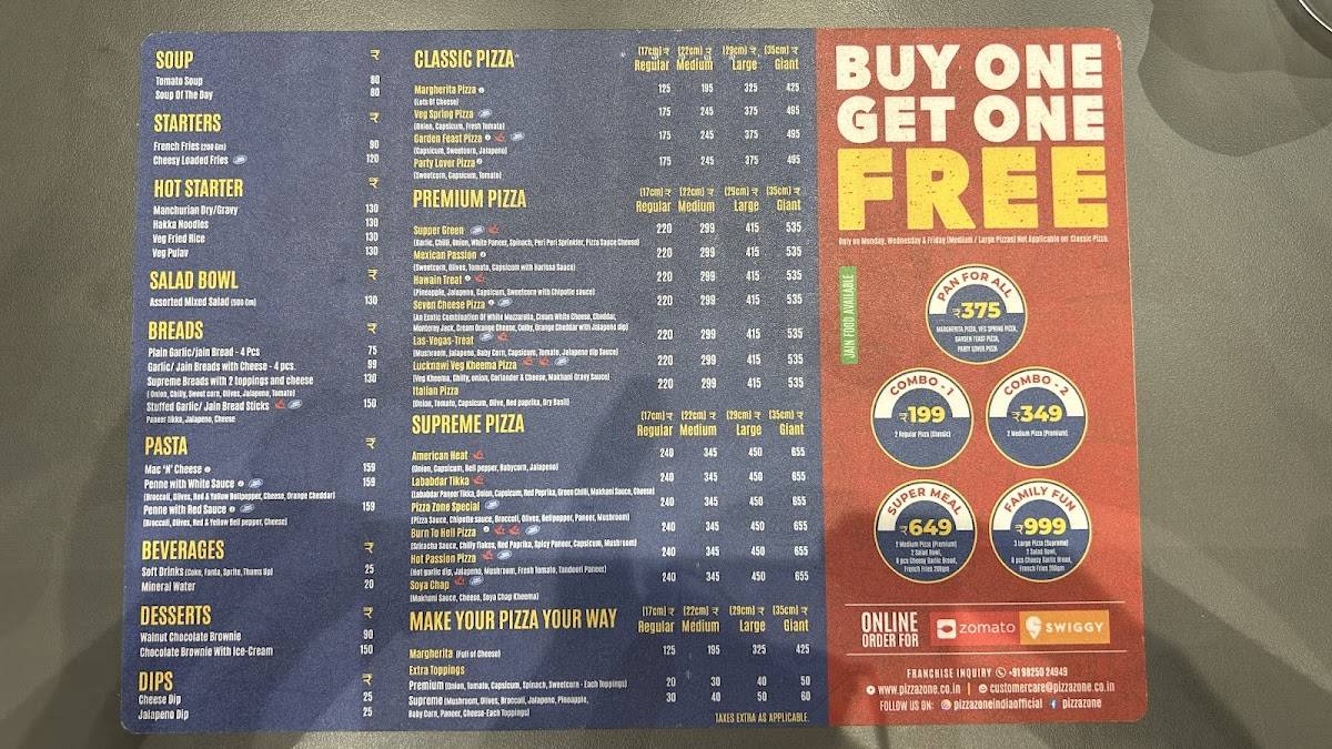 PIZZA ZONE menu