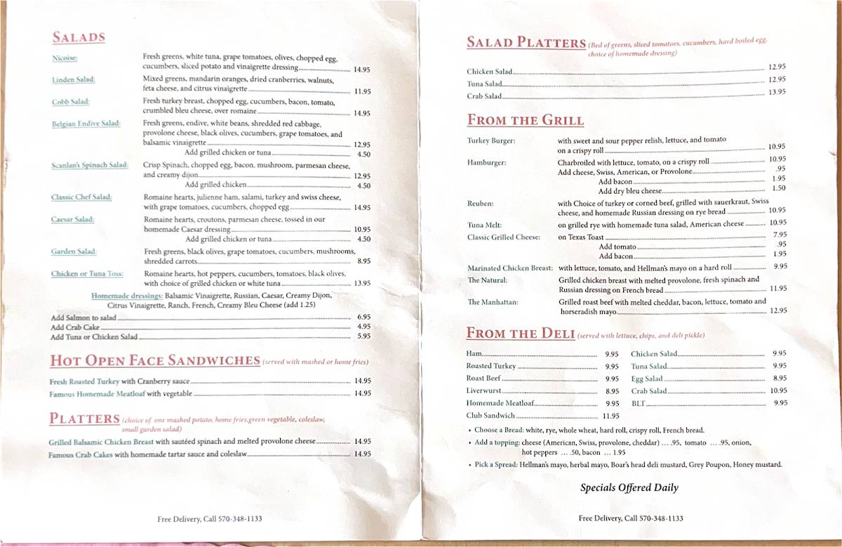 Menu at PJ Scanlan’s restaurant, Scranton