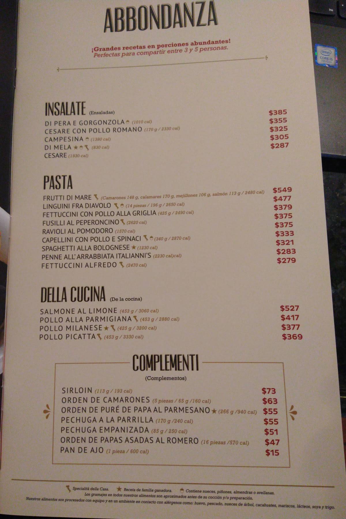 Carta del restaurante Italianni’s, Pachuca del Soto
