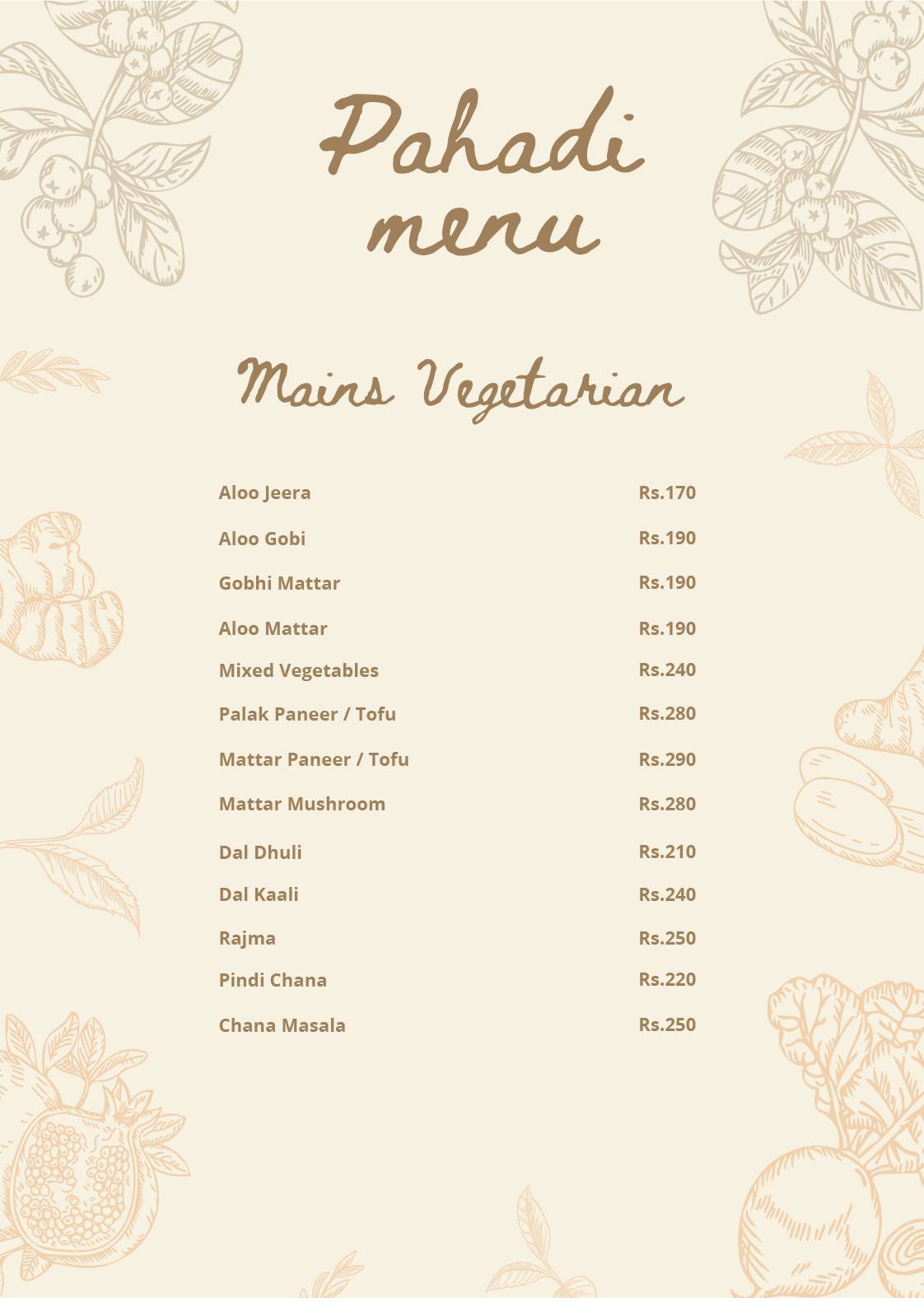Pahadi Roots menu