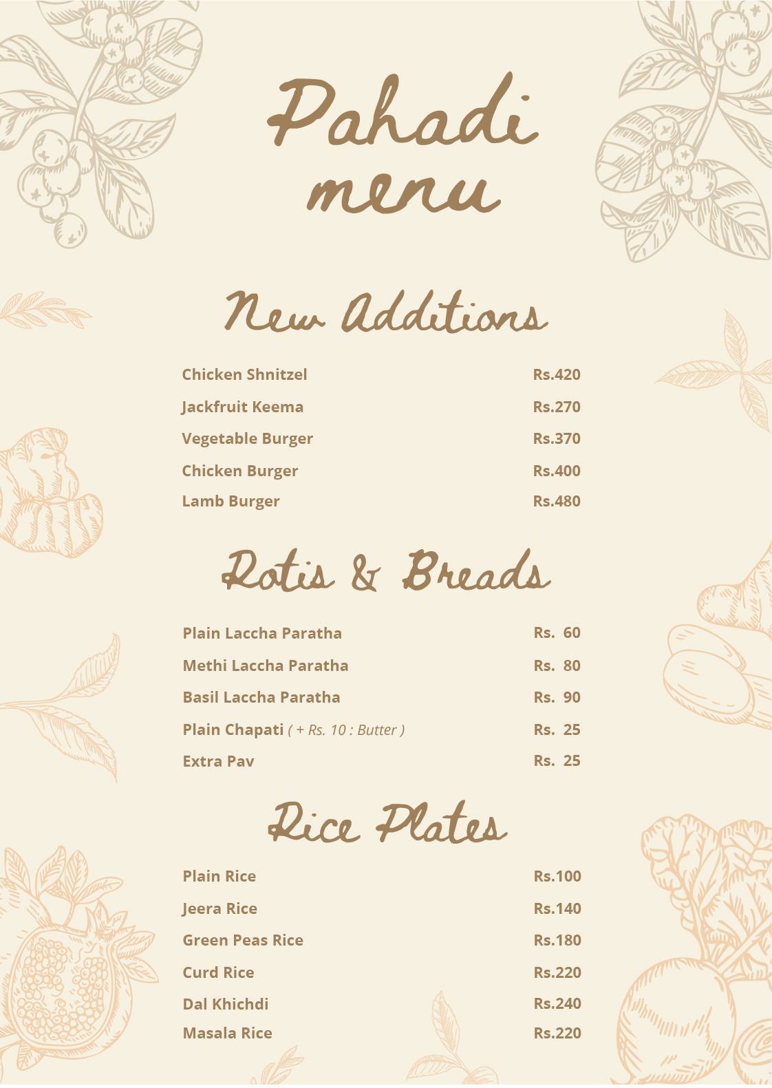Pahadi Roots menu