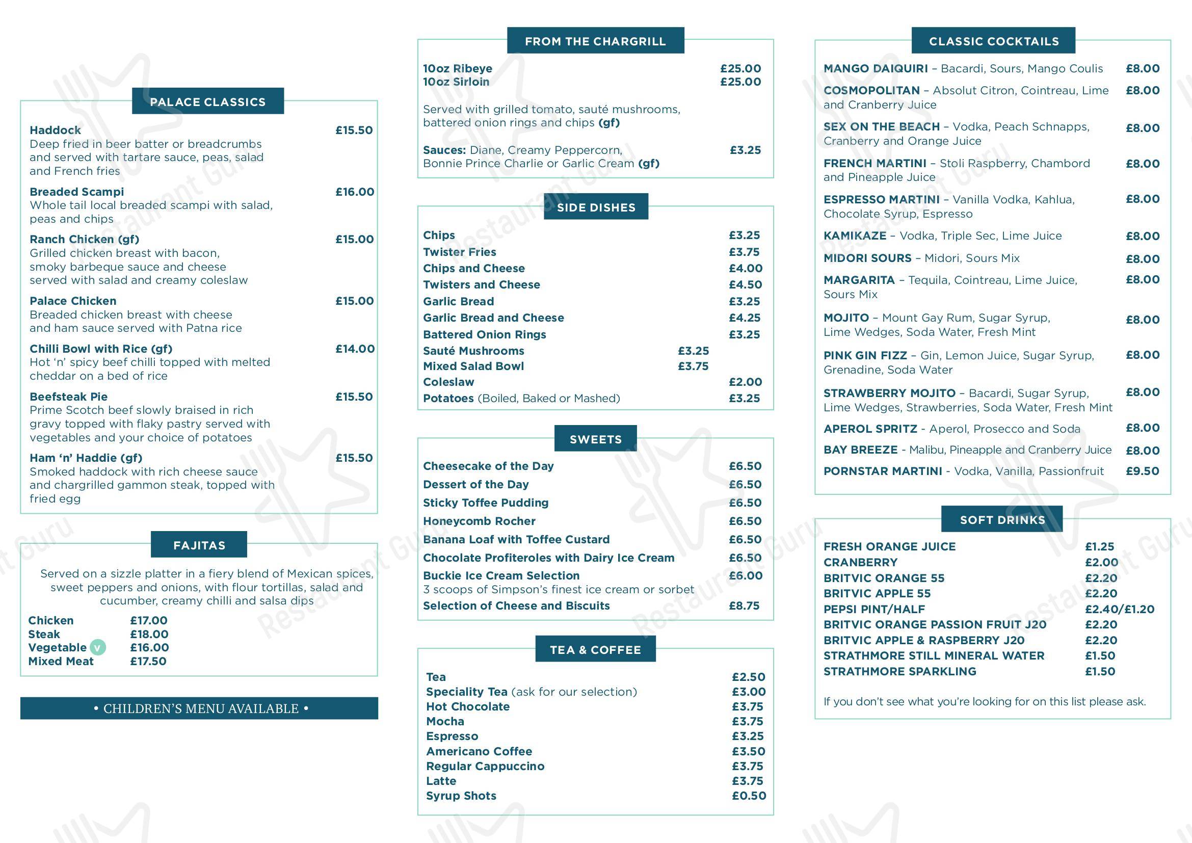 Menu at Palace Hotel pub & bar, Peterhead