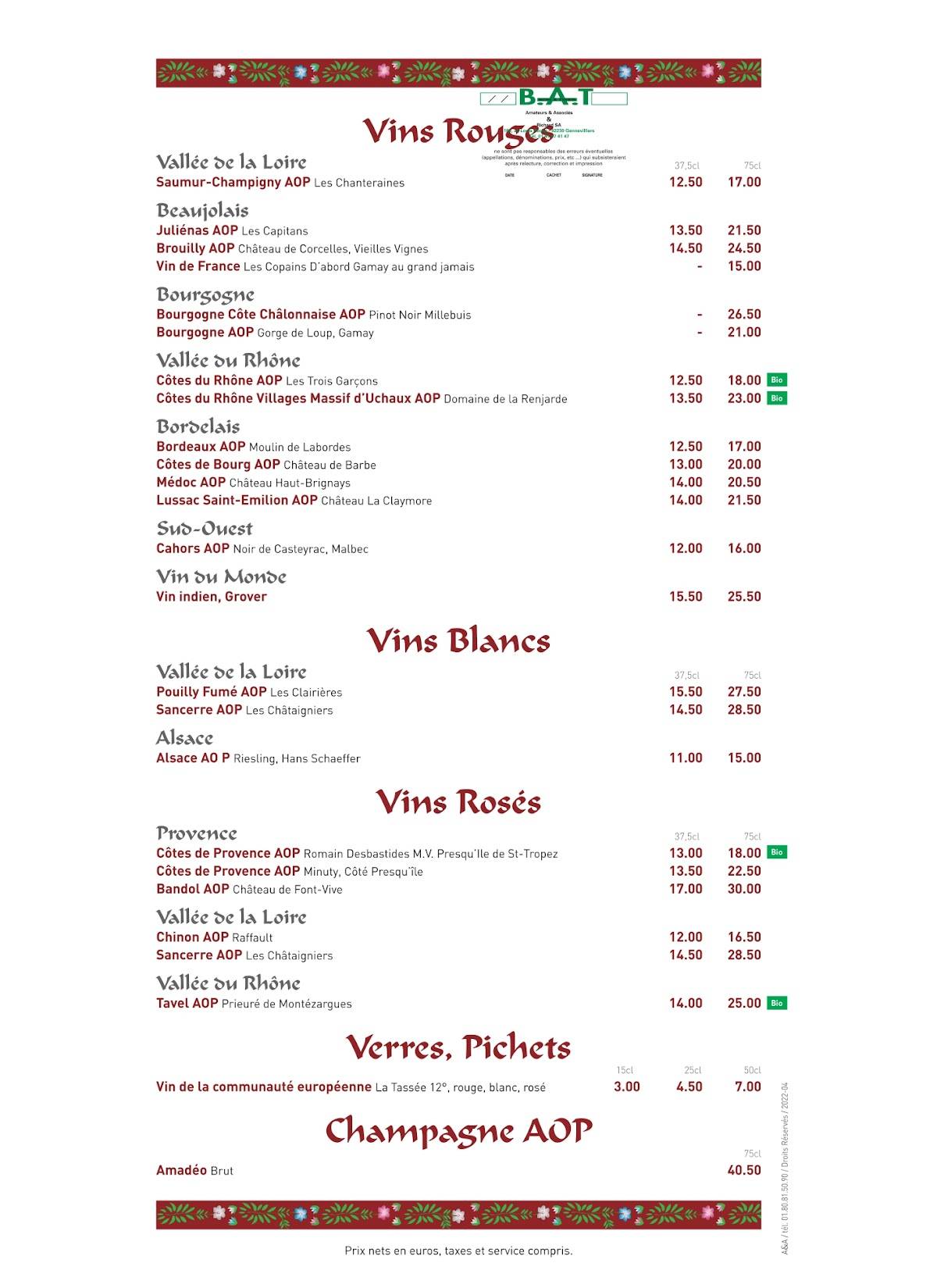 Menu de Palais de Vandan