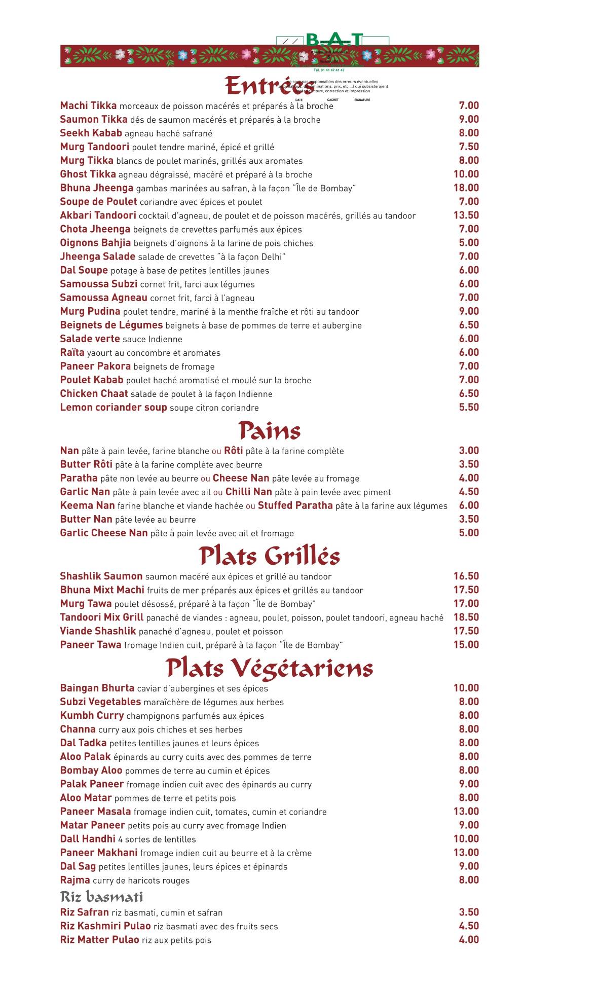 Menu de Palais de Vandan