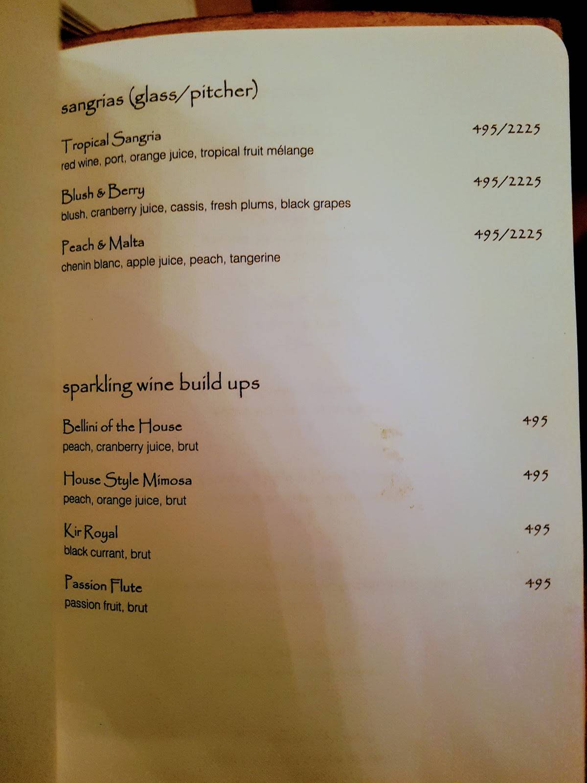 Menu at Pali Bhavan, Mumbai