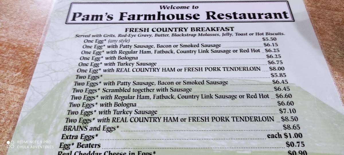 Menu at Pam's Farmhouse Restaurant, Raleigh