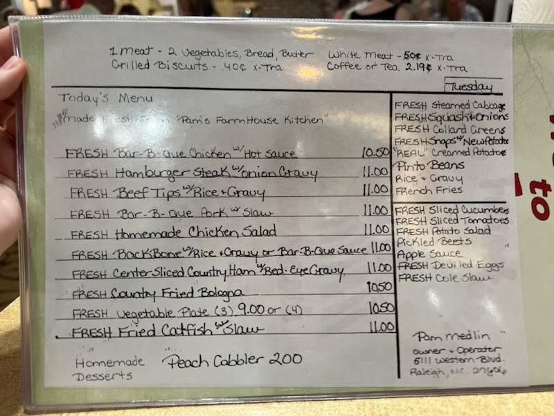 Menu at Pam's Farmhouse Restaurant, Raleigh