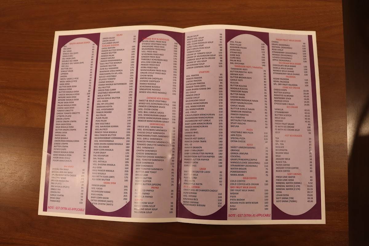 Panchamruth Hotel menu