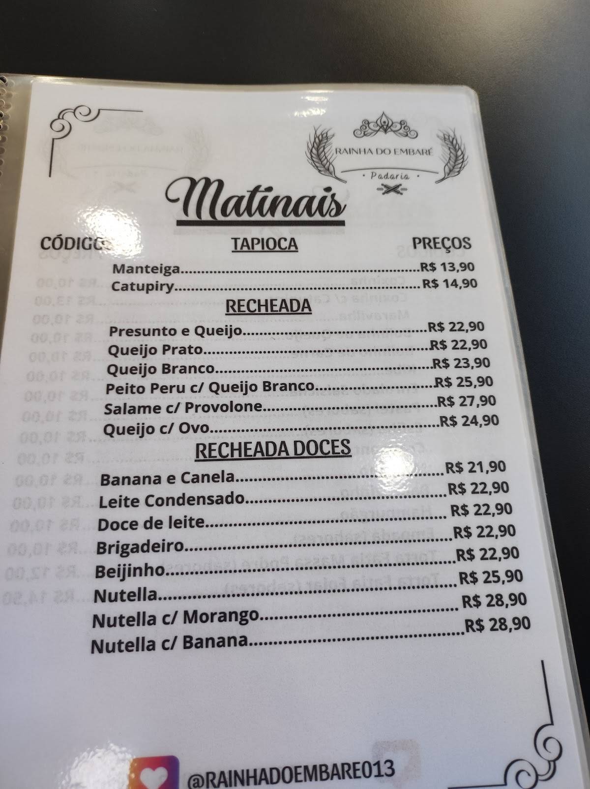 Panificadora Rainha do Embaré cardápio