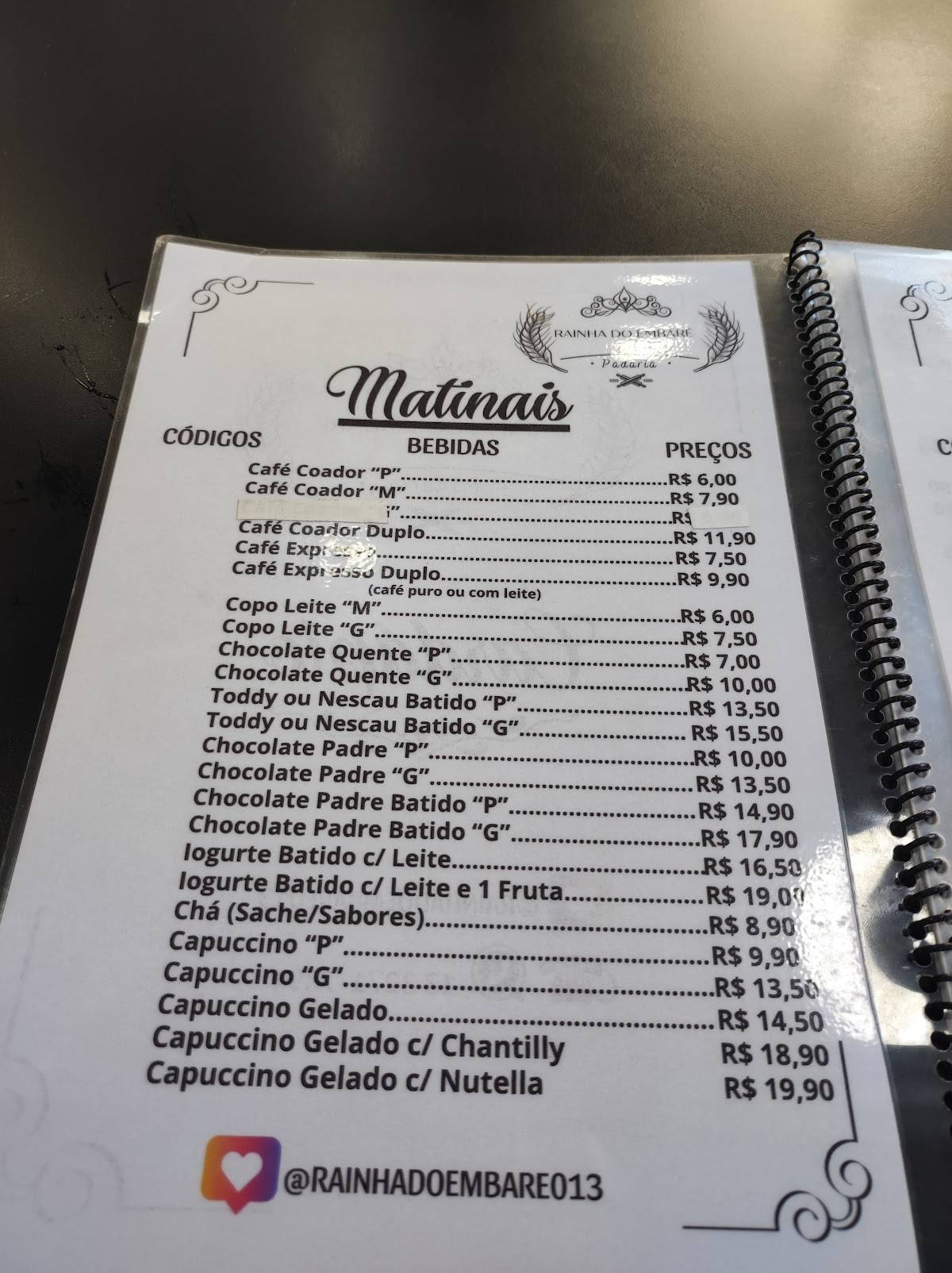 Panificadora Rainha do Embaré cardápio