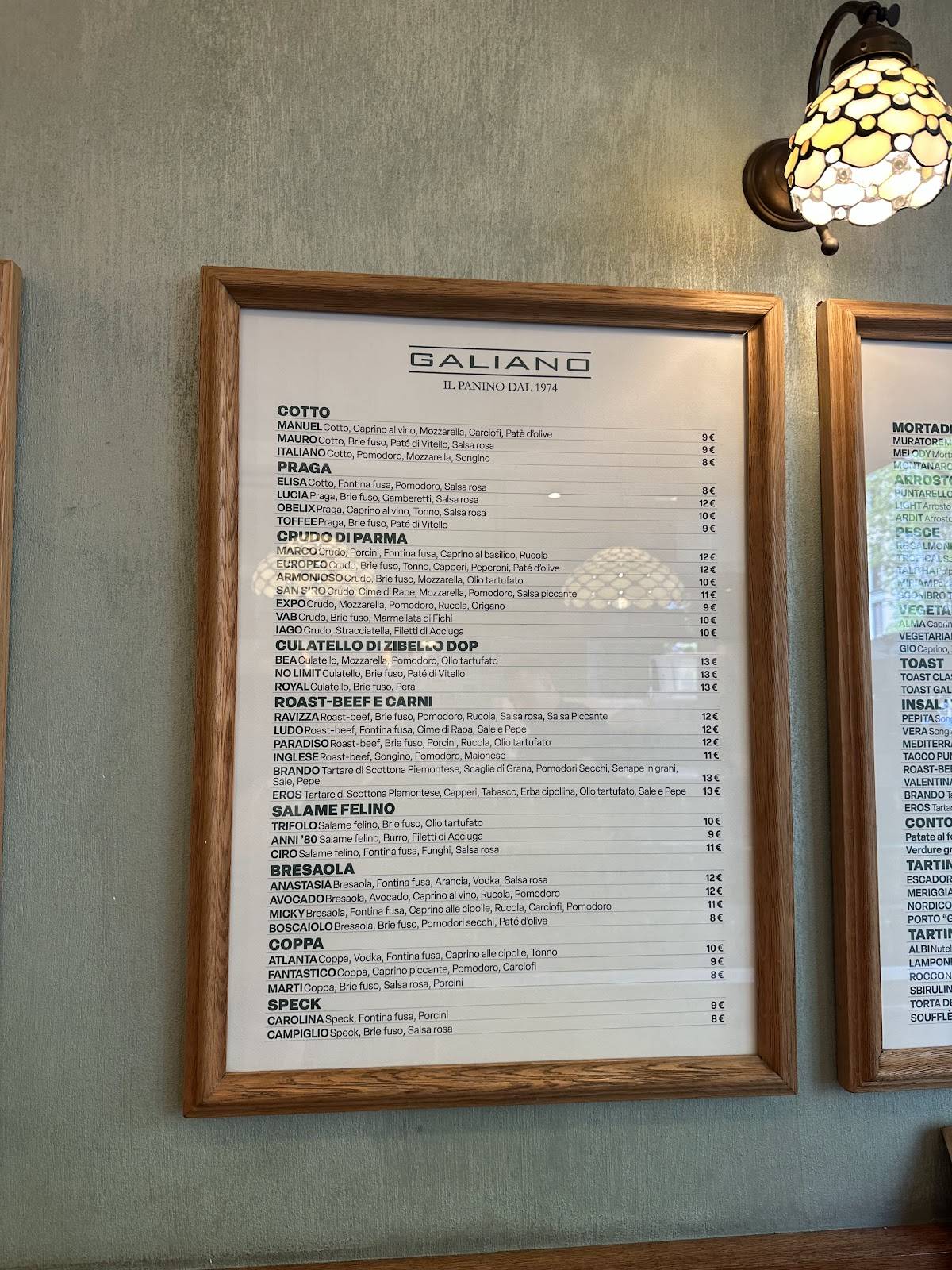 Menu di Panini Galiano 1974 