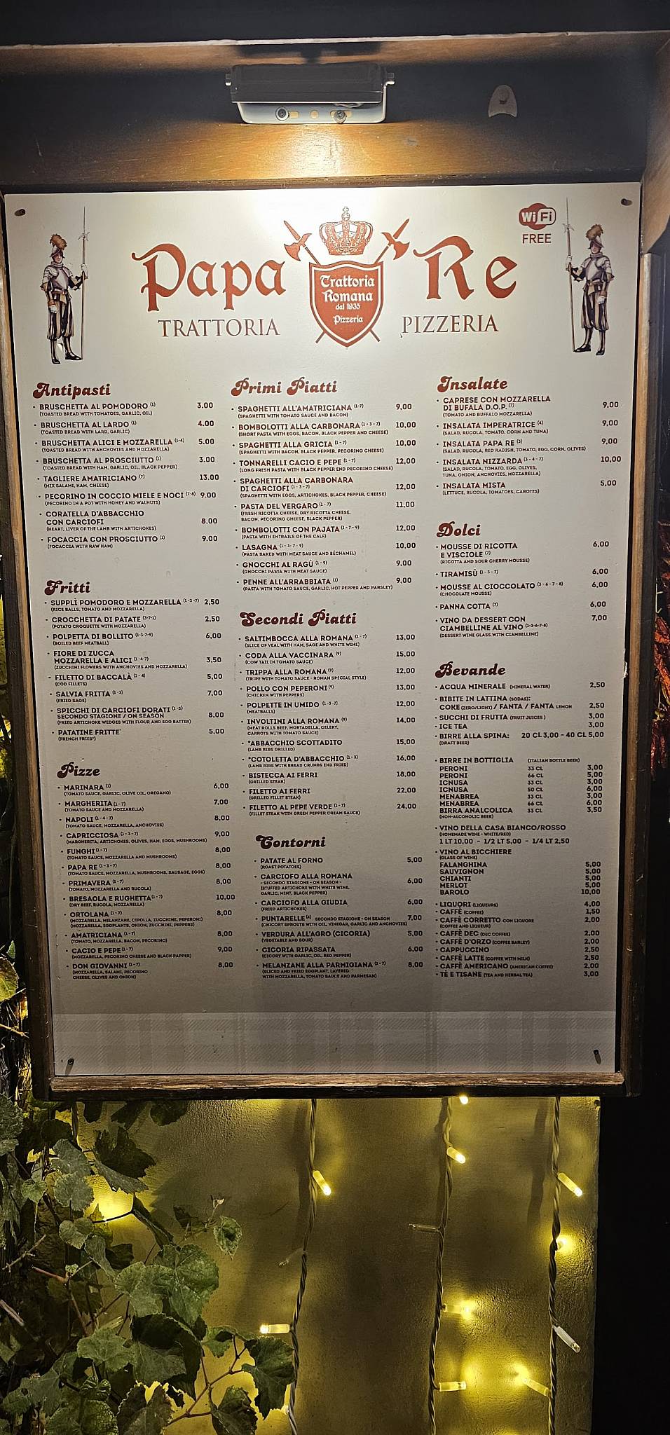 Menu di Papa Re - Trastevere 