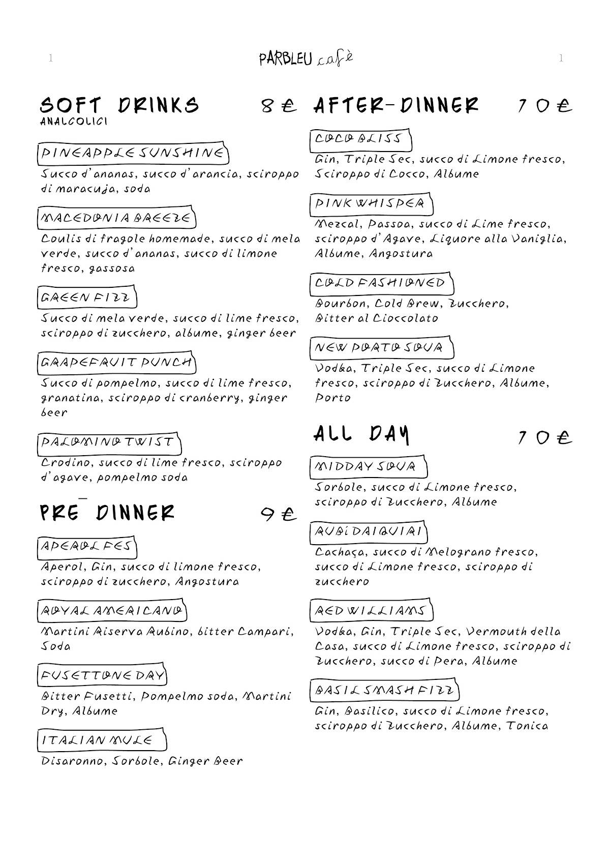 Menu di Parbleu Café 